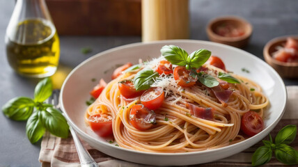 a plate of spaghetti pasta is beautifully arranged with a medley of colorful vegetables, succulent Mediterranean meat, and aromatic herbs, capturing the essence of a delicious Italian lunch