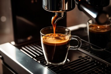 A Preparation of espresso coffee by using coffee machine. Espresso pouring from coffee machine. Close-up of espresso pouring from coffee machine. Professional coffee brewing.
