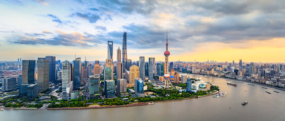 Shanghai city financial district skyline panorama at sunrise