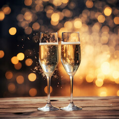two glass of champagne with sparklers over background