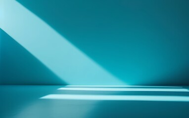 Minimalistic empty blue room with sunlight streaming in through windows.