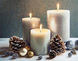 Fototapeta na wymiar christmas candles with baubles and pine cones on a table; winter theme for festive events
