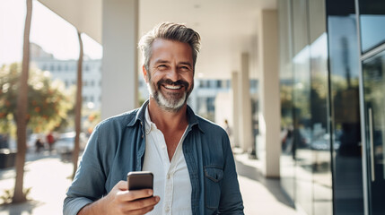Portrait 50s mid age man jeans shirt smile hold phone.businessman talking on phone - Powered by Adobe