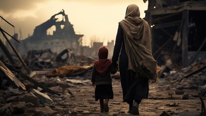 An adult woman in a Muslim headscarf walks through a devastated city, holding the hand of a little girl in a red headscarf. The concept of wars and destruction. - obrazy, fototapety, plakaty