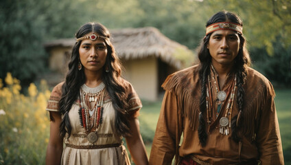 North American Indian bride and groom in traditional outfits. Young man and woman.