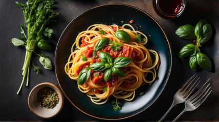 a plate of spaghetti pasta is beautifully arranged with a medley of colorful vegetables, succulent Mediterranean meat, and aromatic herbs, capturing the essence of a delicious Italian lunch - obrazy, fototapety, plakaty