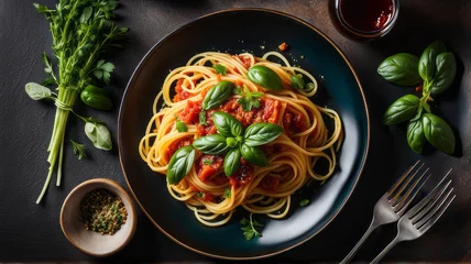 Fotobehang a plate of spaghetti pasta is beautifully arranged with a medley of colorful vegetables, succulent Mediterranean meat, and aromatic herbs, capturing the essence of a delicious Italian lunch © DJSPIDA FOTO