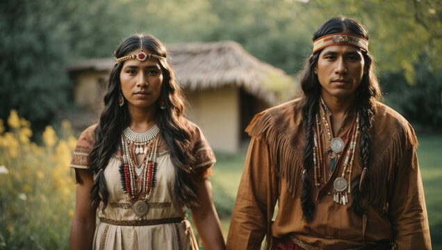 North American Indian bride and groom in traditional outfits. Young man and woman.