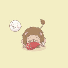 A Vector illustration of a Lion is eating a meat. Suitable for product with zoo concept, cute concept, kids product, sticker, greeting card, baby shower concept, birth card, etc