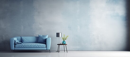 The blue abstract pattern on the white wall adds a touch of artistic flair and texture to the minimalist interior design of the room creating a unique and modern space with a grunge inspire