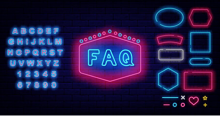 Faq neon label. Shiny blue alphabet. website support. Geometric frames collection. Help sign. Vector stock illustration
