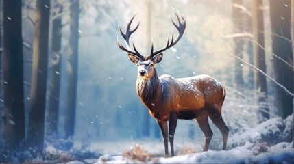 Noble Deer Christmas: Majestic Cervid in Winter Snow Forest. Artistic Wildlife in Festive Winter Wonderland