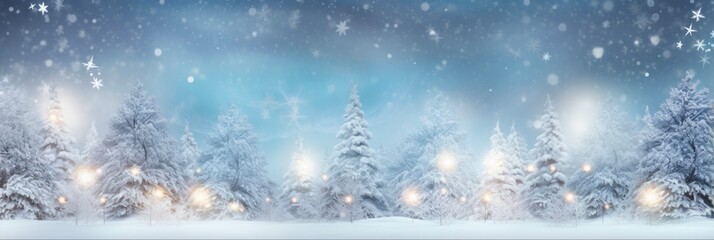 Fototapeta na wymiar Snow Christmas Border. Blurred Winter Background with Decorated Xmas Tree, Snow, Garland Lights. Festive Holiday Art Design for Wide Screen Banner