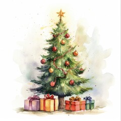 Obraz na płótnie Canvas Christmas Tree Art. Hand-Drawn Watercolor Illustration of a Beautiful Abstract Fir Tree with Gifts. Merry Christmas Clip Art.