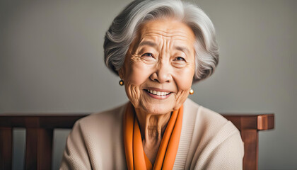 Beautiful elderly asian lady portrait with copy space - obrazy, fototapety, plakaty