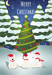 Une carte de No&euml;l avec des oursons sous la neige et dans la montagne, le soir de No&euml;l.