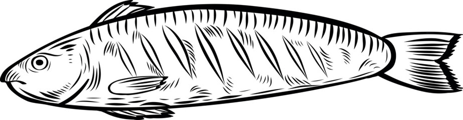 Grilled fish line drawing vector illustration.