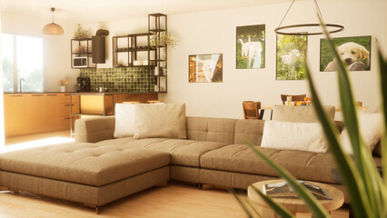 Modern luxury living room with kitchen and stairs. Stylish two floor house. 3d render