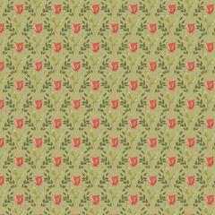 Seamless floral pattern  red tulips on a green-yellow, khaki background, floral elements framed by green leaves on a green-yellow background; for printing on fabric, wrappers, wallpaper, postcards.