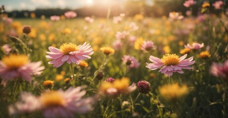 Blossoming Elegance Sunlit Flower Field in Closeup Macro, Evoking the Splendor of a Spring or Summer Garden. 8K Quality