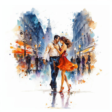 An illustration of a couple tangoing in the street with a watercolor effect.