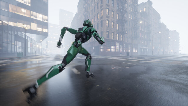 The humanoid AI robot runs along a deserted street in a big city. 3d render. future concept