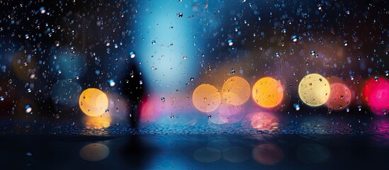 The colorful lights of the winter shop created a beautiful bokeh pattern against the abstract silhouette of a person walking in the rain with the textures of water droplets on glass serving 