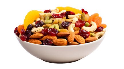 Healthy mix of nuts and dried fruits in a bowl, perfect for snacking. Transparent background.  - obrazy, fototapety, plakaty