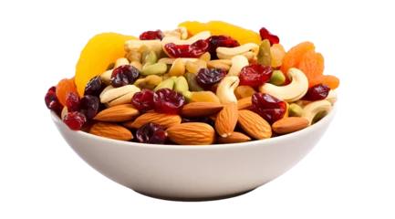 Fotobehang Healthy mix of nuts and dried fruits in a bowl, perfect for snacking. Transparent background.  © Jan