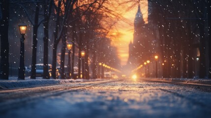 night city street in the winter sunset glow