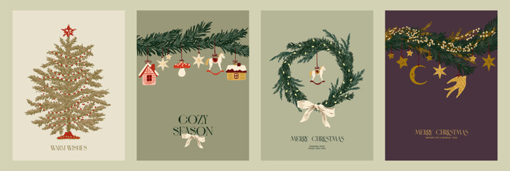 Collection of New Year's and Christmas posters. Fir tree, wreath and toys