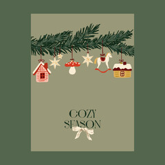 Spruce branch with Christmas trees . Winter greeting card, print, packaging