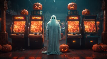 Fête d'Halloween, un fantôme dans une salle de jeu vidéo d'arcade - obrazy, fototapety, plakaty
