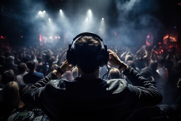 Fototapeta na wymiar Un DJ animant une soirée musicale devant une salle pleine