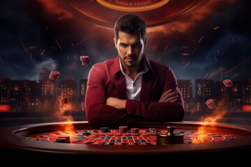 Illustration conceptuelle d'un joueur déterminé dans la salle de jeux d'un Casino - obrazy, fototapety, plakaty