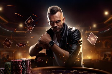 Illustration conceptuelle d'un joueur déterminé dans la salle de jeux d'un Casino - obrazy, fototapety, plakaty