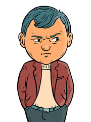 Skeptic man with a suspicious expression on his face. Mistrust and suspicion. Cartoon vector illustration on white background. Hand drawn line. Comic style