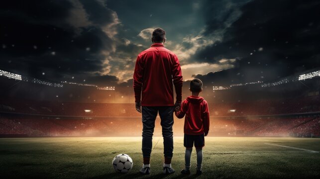 Un homme tenant un enfant par la main, sur la pelouse d'un stade de football, vue de dos, la nuit.