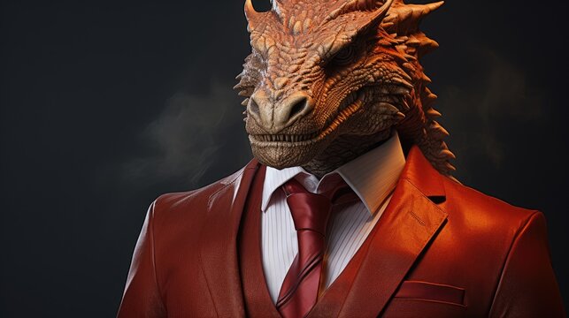  a close up of a person wearing a suit and tie with a dragon head on top of his suit jacket.  generative ai