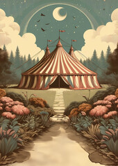 Old vintage Circus poster.
A vintage circus poster of a big top circus in the nature with birds in the sky
