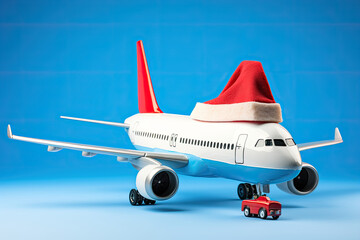 Generative AI, red and white plane in a santa claus hat flies through the sky, christmas travel, new year vacation abroad, air transport