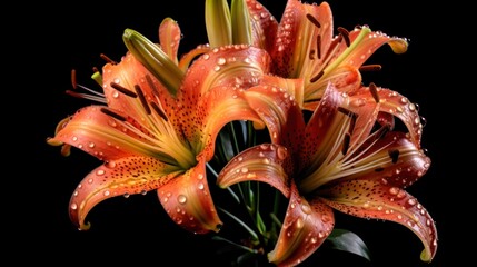 Bouquet of orange lilies with water drops on a black background. Mother's day concept with a space for a text. Valentine day concept with a copy space.