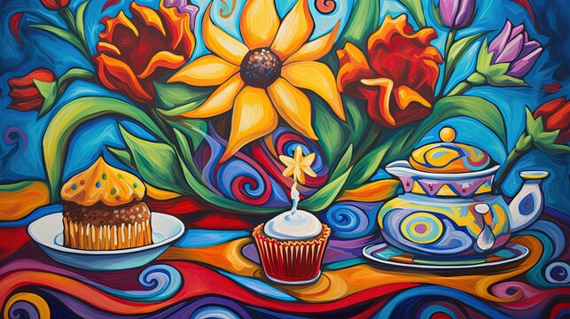 A kitchen picture showing a table with tea, a cupcake and a sunflower with flowers.