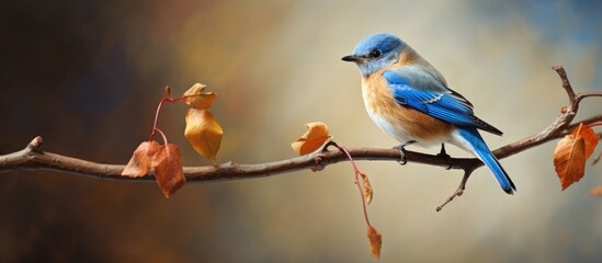 The backyard was filled with happiness as songbirds including the beautiful bluebirds of the Eastern region perched on branches displaying their vibrant feathers captivating avian enthusias - obrazy, fototapety, plakaty