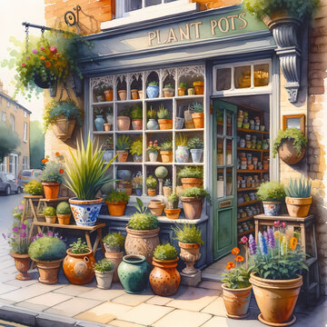 A watercolor painting showing the exterior of a charming plant pots shop. The storefront is quaint and inviting, with a display of colorful plant pots