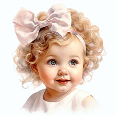 cute little girl with light curly hair and a big pink bow smiles sweetly on a white background,