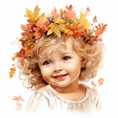 cute little girl with blonde hair, with a wreath of autumn leaves on her head,on a white background,