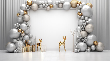 Fototapeta na wymiar a colorful frame backdrop of colorful christmas decorations and deer. White frame background