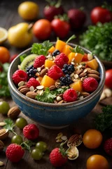 Foto op Plexiglas Bowl of healthy fresh fruit salad on pink background, top view © liliyabatyrova