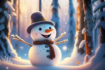 Snowman in a snowy forest